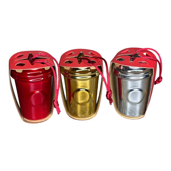 VTG Set (3) Ceramic Metallic Gold Red Silver STARBUCKS CUP ORNAMENTS 3" New - Picture 5 of 7
